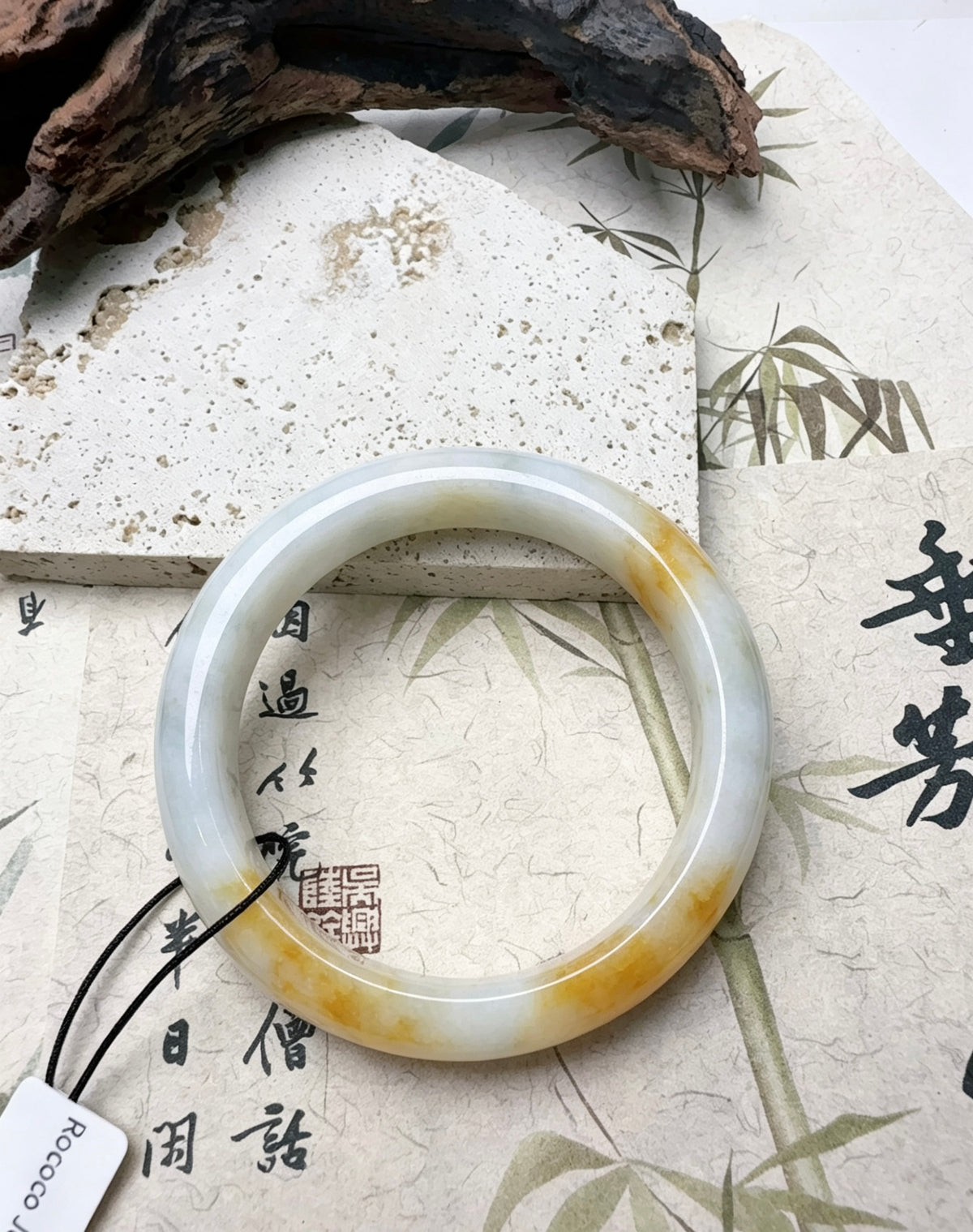 Natural Golden‑Splash Energy Stone Bangle, White Base with Honey‑Yellow Jade Bracelet for Wealth Luck & New Opportunities
