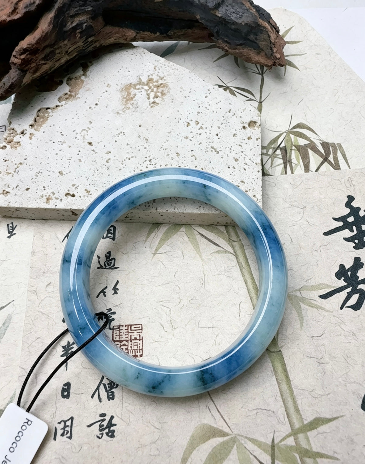 Misty Blue‑Ink Energy Stone Bangle, Icy Sky‑Blue Landscape Jade Bracelet for Calm Mind & Spiritual Clarity